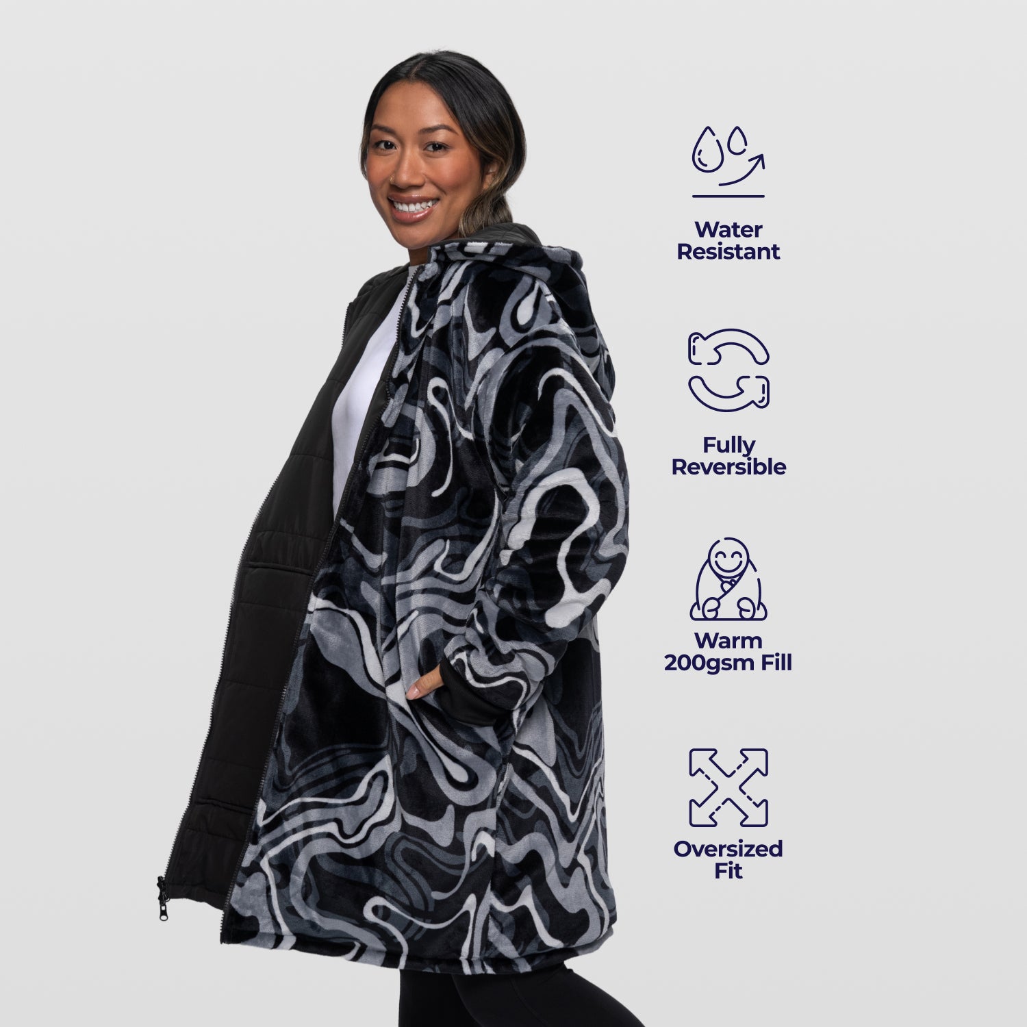 Black/Charcoal Swirl Print Long Puffer Jacket – The Oodie Canada