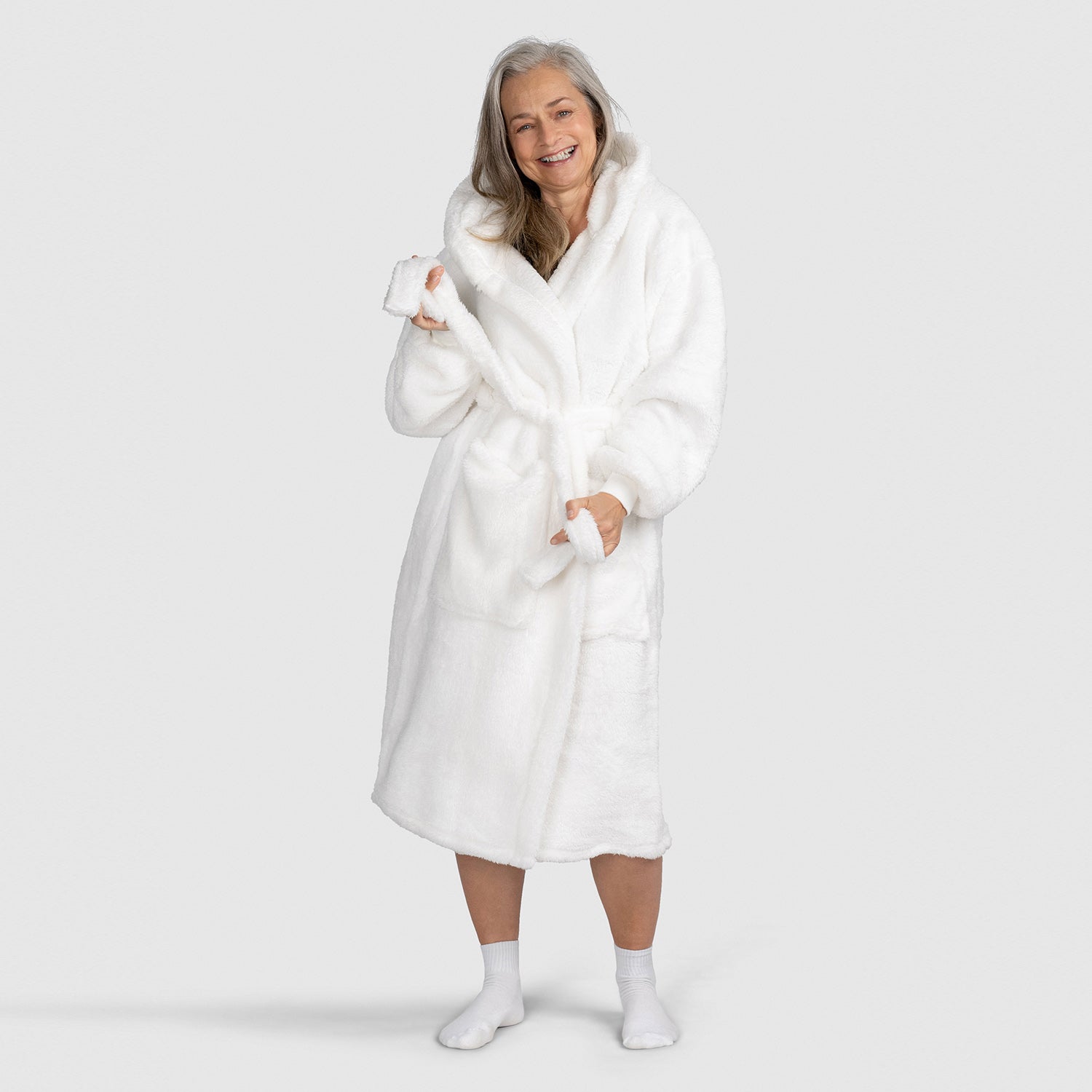 Hooded Bathrobe White Fleece Robe Womens Super Soft White Plush