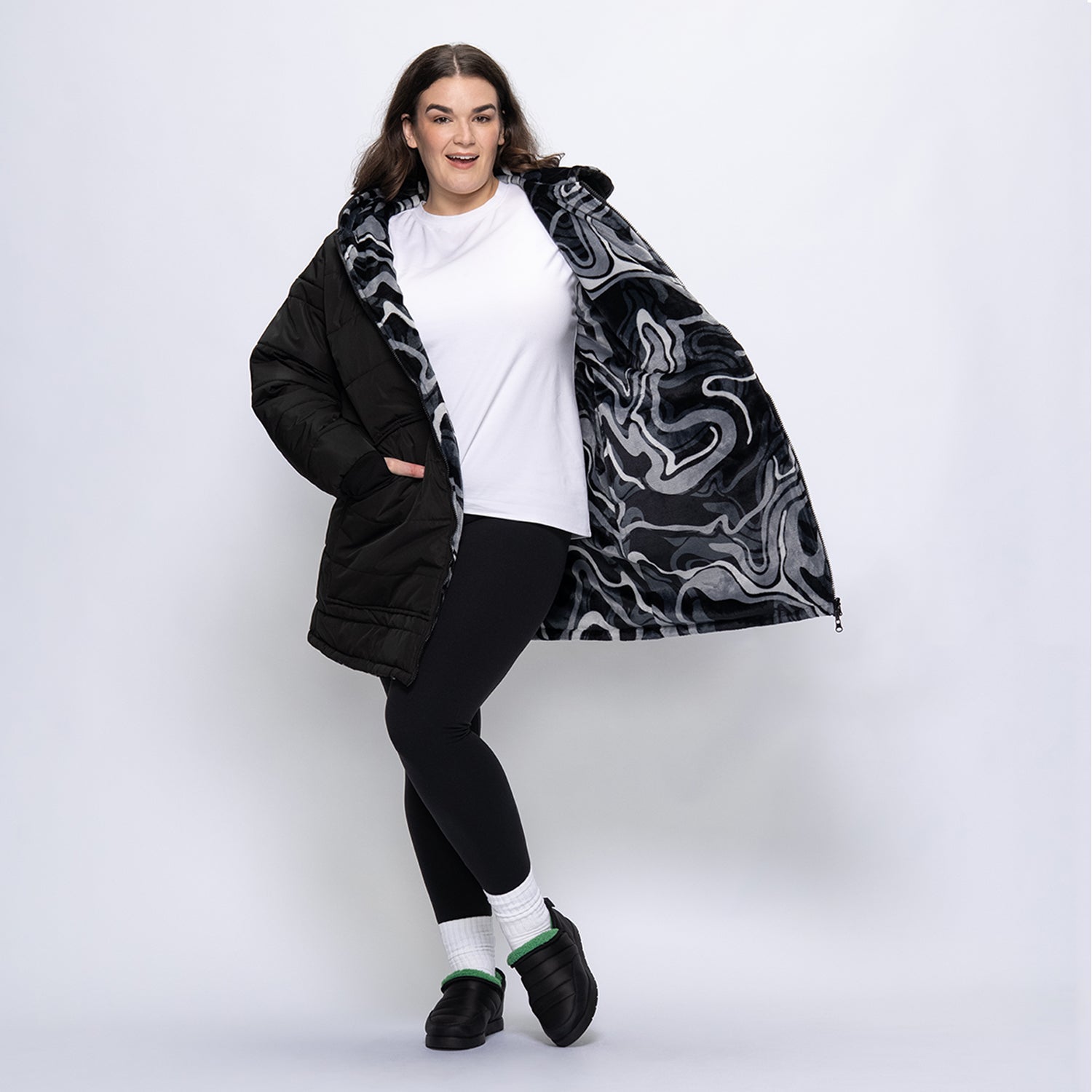 Black/Charcoal Swirl Print Long Puffer Jacket – The Oodie Canada