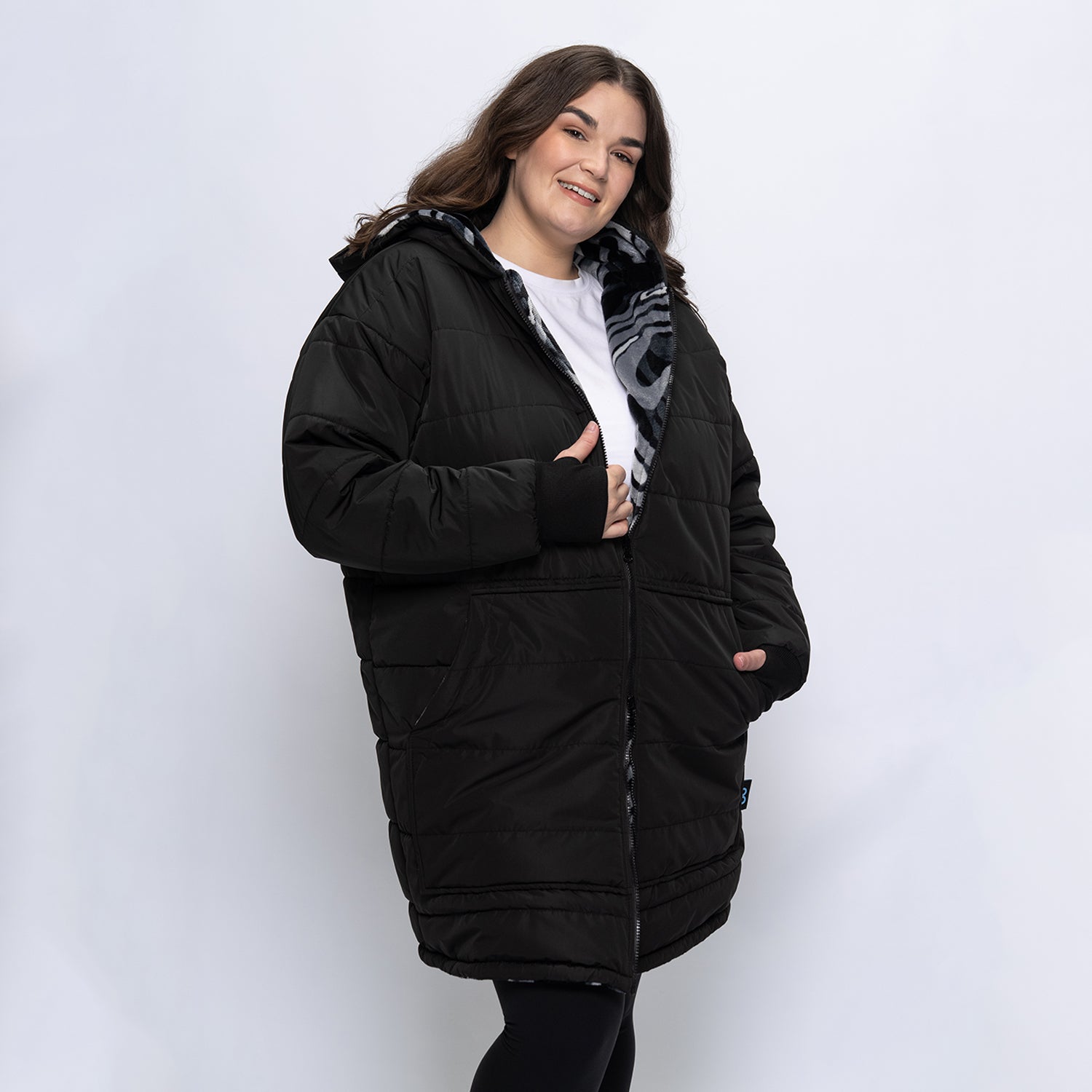 Black/Charcoal Swirl Print Long Puffer Jacket – The Oodie Canada