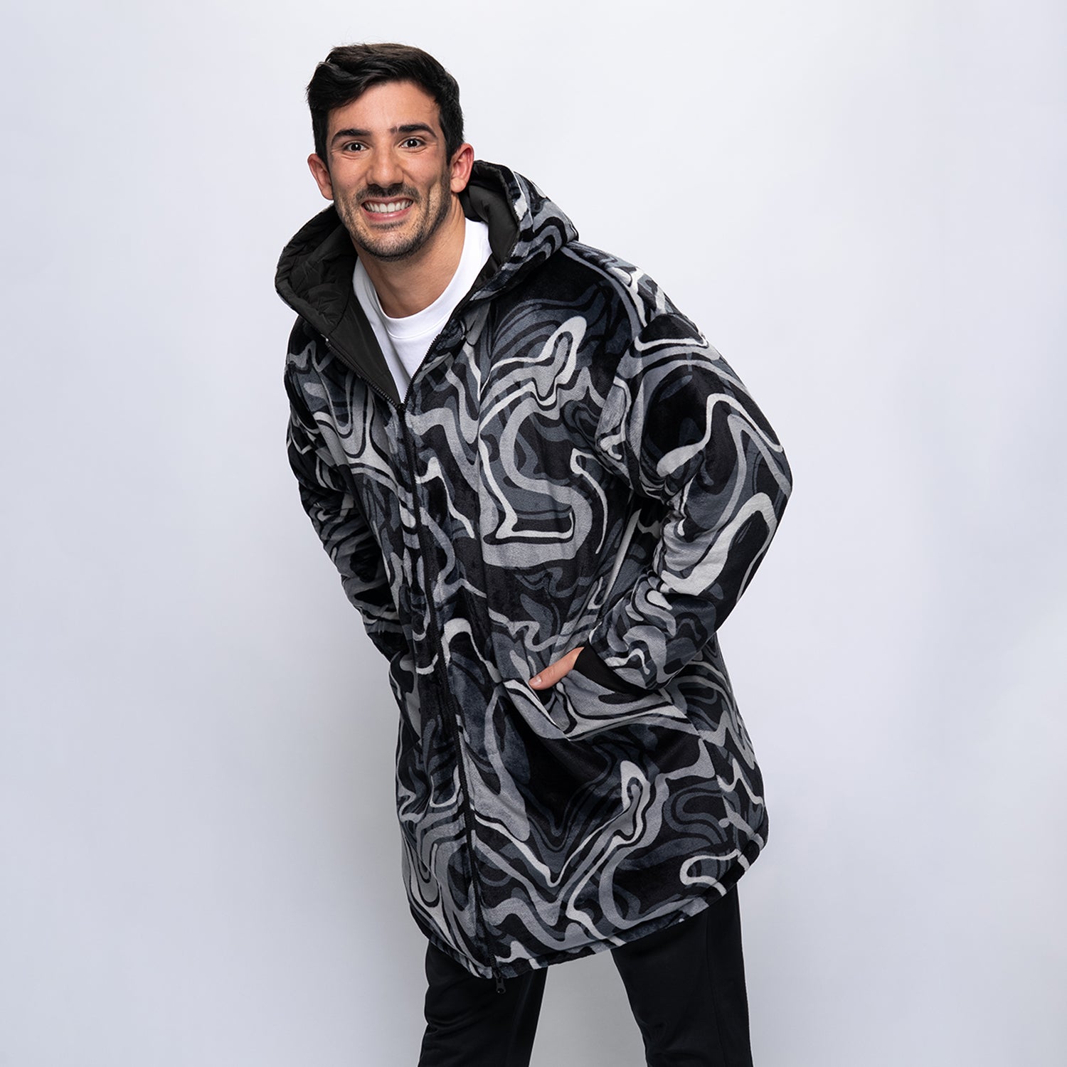 Black/Charcoal Swirl Print Long Puffer Jacket – The Oodie Canada