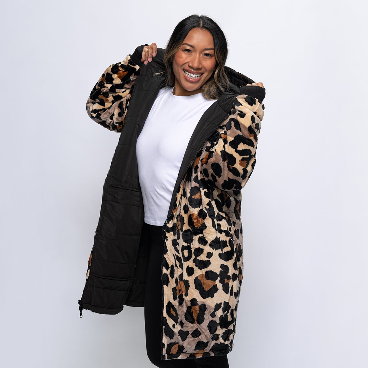 Black/Leopard Long Puffer Jacket – The Oodie Canada