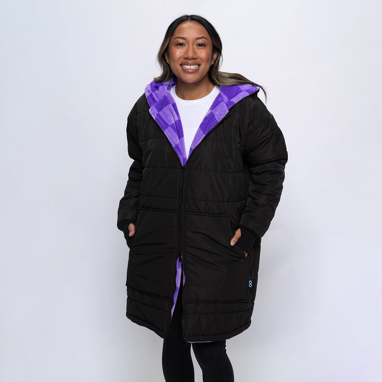 Black/Lilac Checker Print Long Puffer Jacket – The Oodie Canada Black/Lilac Checker Print Long Puffer Jacket – The Oodie Canada