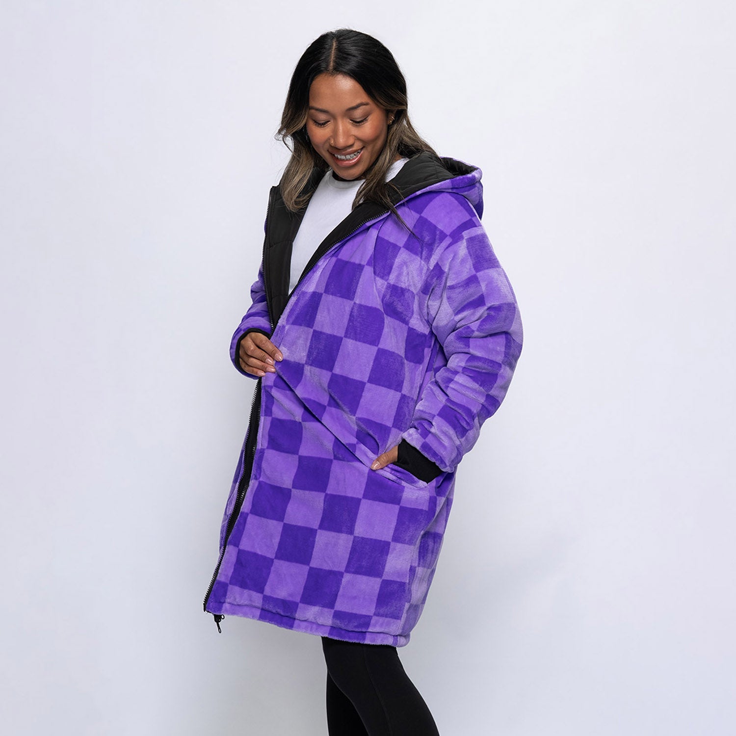 Black/Lilac Checker Print Long Puffer Jacket – The Oodie Canada