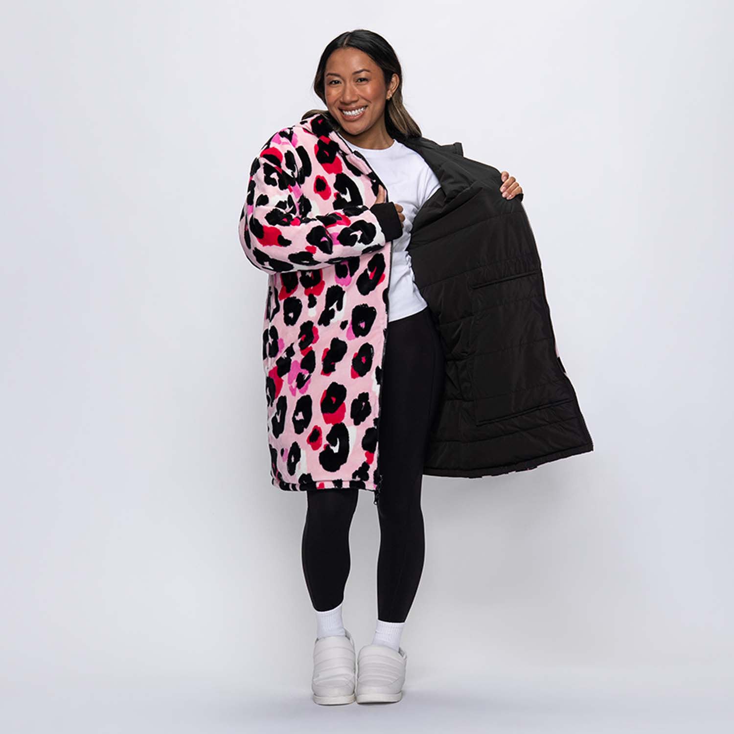 Black/Pink Leopard Print Long Puffer Jacket – The Oodie Canada