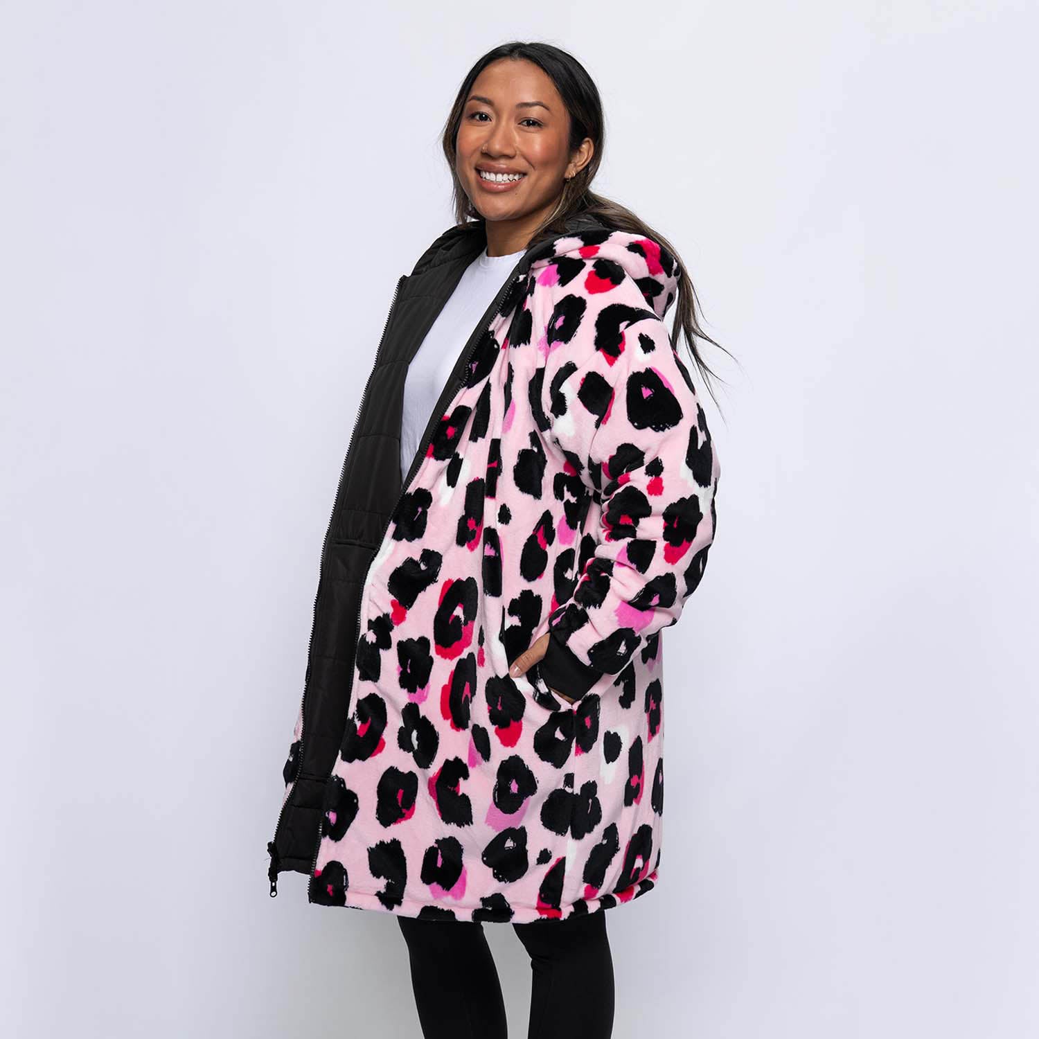 Black/Pink Leopard Print Long Puffer Jacket – The Oodie Canada