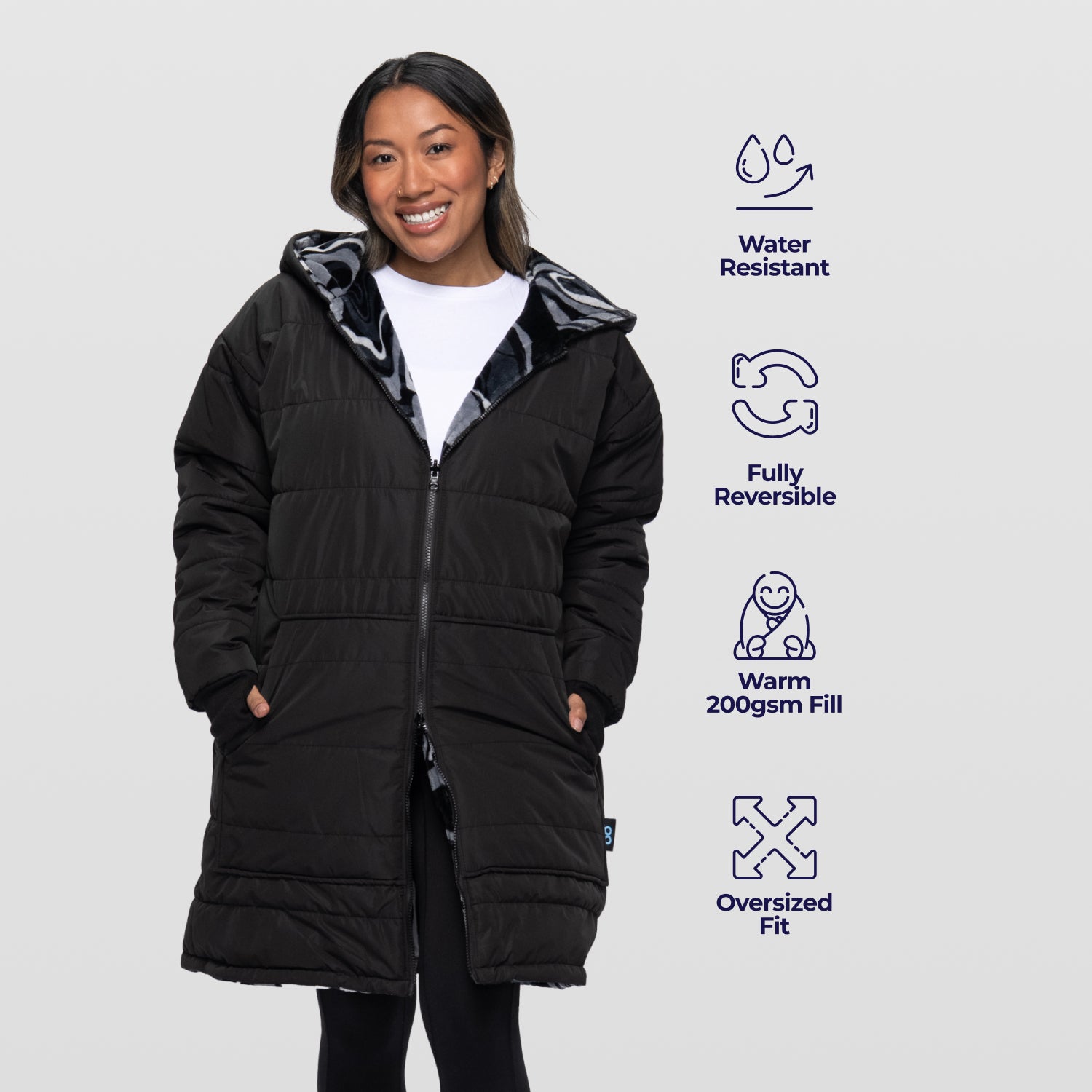 Black/Charcoal Swirl Print Long Puffer Jacket – The Oodie Canada