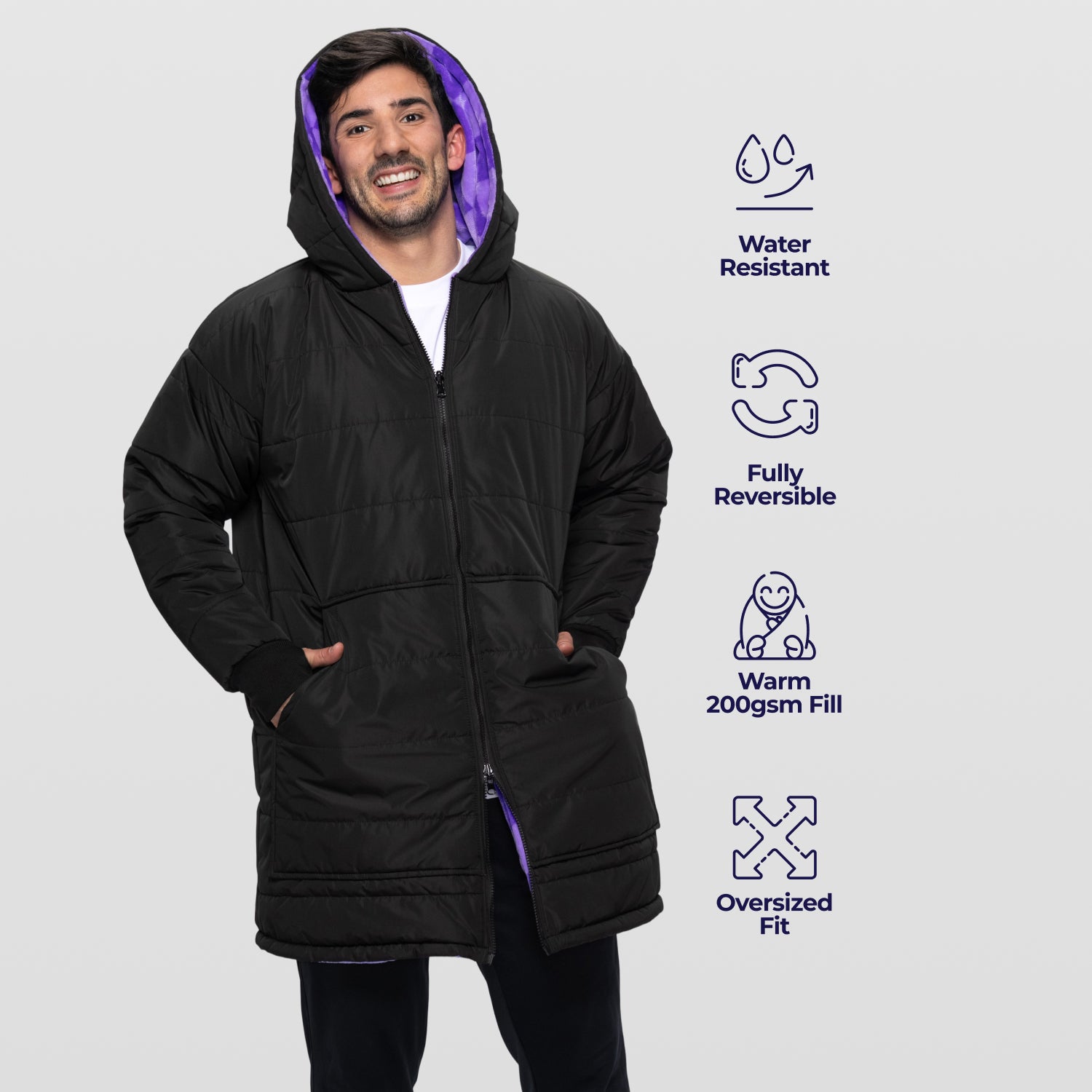 Black/Lilac Checker Print Long Puffer Jacket – The Oodie Canada