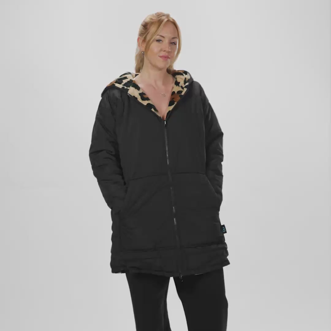 Leopard Print/Black Long Puffer Jacket | The Oodie™ – The Oodie Canada
